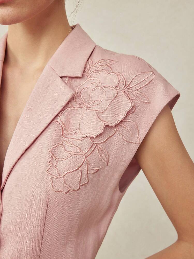 ELEGANT LINEN FLORAL EMBROIDERED FITTED WAIST MIDI DRESS, SPRING/SUMMER