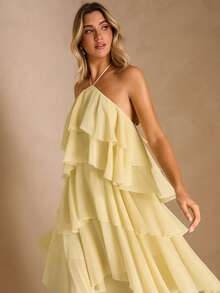 Enchnt Spring/Summer Romantic Women's Yellow Backless Ruffle Hem Maxi Dress,Sweet&Elegant For Vacation&Date&Holiday&Going Out,Spring Outfit Women - Yellow - View 3