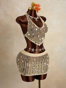 Swim Vcay 2026 New Arrival Women's 2-Piece Bikini Set, Fashionable Hollow-Out Streetwear For Music Festival, Beach Party, Casual Dress, Sexy Crochet Knit Crop Top And Mini Skirt Set - Khaki - View 4