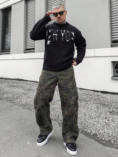 Artur Kramer Men's Casual Letter Distressed Crew Neck Long Sleeve Sweater, Autumn/Winter