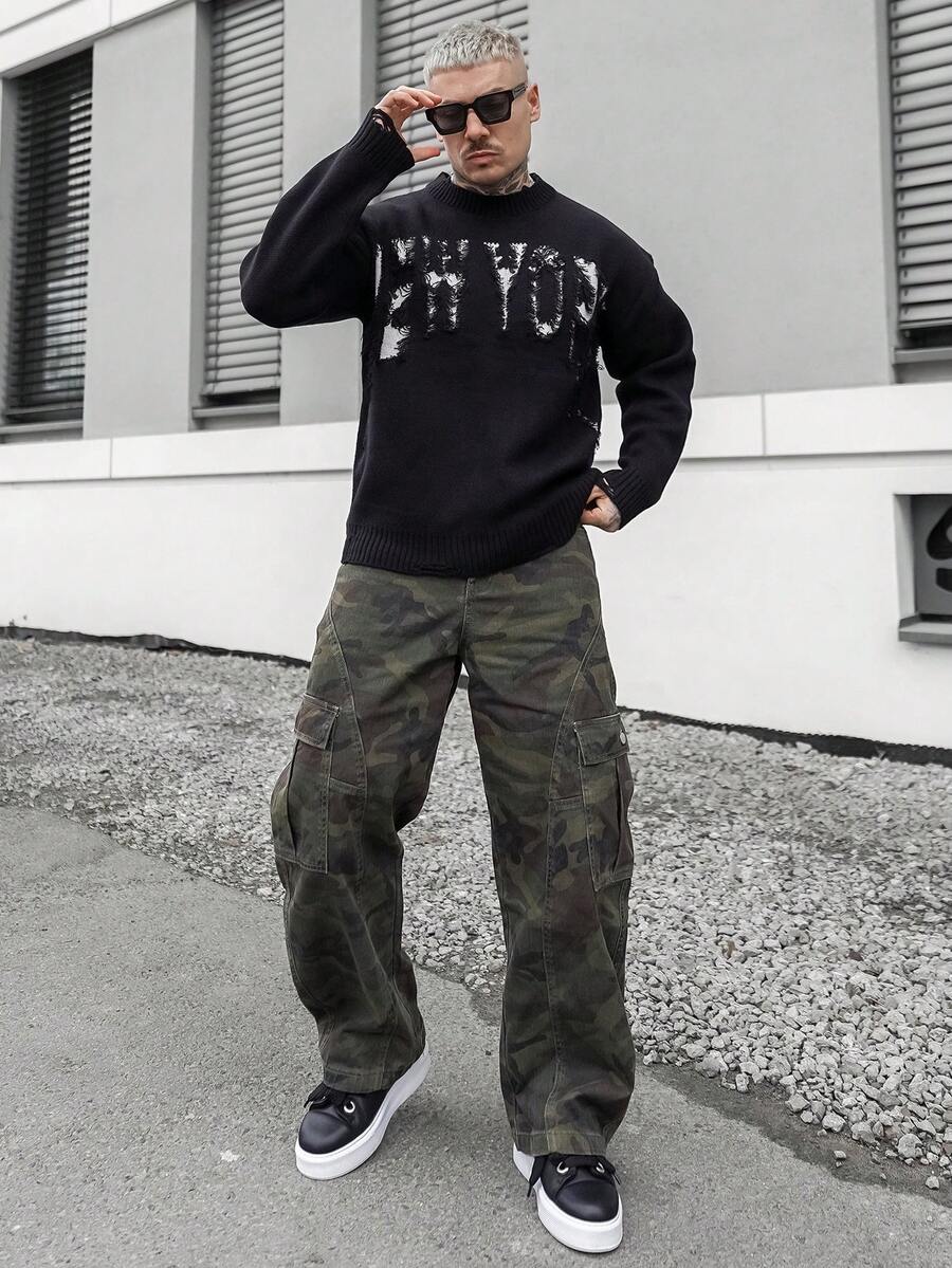 Artur Kramer 男士休闲字母做旧圆领长袖毛衣，秋冬 - 黑色 - 查看 1