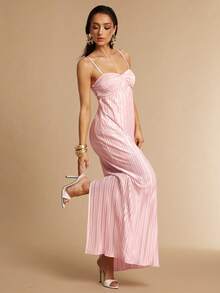 Silquee 女士纯色褶皱优雅吊带裙 - 粉色 - 查看 7