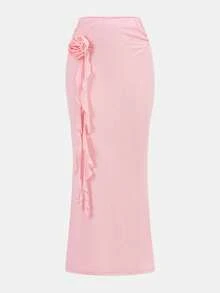 SHEIN طقم تي شيرت كتف غير متماثلة مطوية وتنورة مزينة بزهور ثلاثية الأبعاد للفتيات المراهقات، طقم عصري للحفلات - وردي - مشاهدة 9