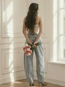 Anewsta Quần jeans nữ ống loe cạp cao màu xanh nhạt kiểu vintage, thích hợp mặc đi làm, thích hợp cho mùa xuân hè. - Màu xanh lam - Xem 2