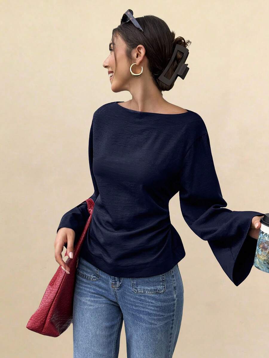 Selianne 女式纯色船领长喇叭袖腰休闲百搭衬衫 - 藏蓝色 - 查看 1