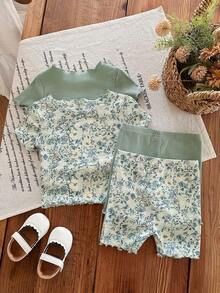 SHEIN LMoss Kids 4件套女婴碎花圆领短袖短裤针织睡衣套装 - 彩色 - 查看 2