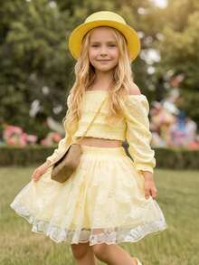 SHEIN Elladie kids 少女甜美优雅刺绣亮片3D立体花卉网纱A字公主裙，日常优雅可爱度假派对百搭之选 - 杏色 - 查看 6