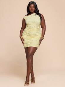 SHEIN BAE Asymmetric Ruched Sexy Bodycon Beaded Cocktail Dress - Yellow - View 3