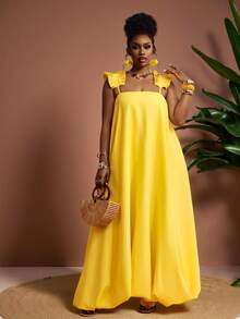 Truni 大码女式黄色灯笼连衣裙/优雅吊带连衣裙/吊带裙/长裙，适合音乐节、复活节、西式风格、生日、毕业典礼、学生日常穿着，百搭实用，休闲度假、邮轮旅行、海滩、日光浴、放松休闲。 - 黃色 - 查看 6