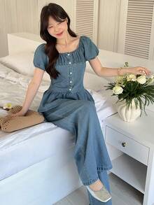 DAZY Conjunto de top de mezclilla de manga corta con cuello y pantalones rectos holgados de mezclilla casual para mujer - Azul lavado medio - Ver 6