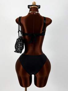 Swim SXY 一件式金属光泽亮面纯色简约连体泳衣 - 黑色 - 查看 4