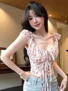 Joudiya Spring & Summer Ditsy Floral Pink Chiffon Blouse, Casual Vacation Beach Style, Tie Front Crop Top Design, Fitted Waist Women Shirt - Pink - View 5