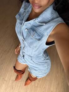 StreetHx Women's Fashion Casual Slim-Fit Short Denim Bib Pants And Jumpsuit - Light Wash - View 6