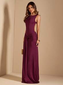 SHEIN BAE 女士纯色茄紫色圆领无袖腰部系带露背优雅性感度假连衣裙，春夏款 - 紫色 - 查看 1