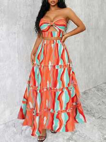 Eryvara Vacation Casual Colorful Print Hollow Lace-Up Backless Cropped Tube Top & Mini Skirt Set - Multicolor - View 7