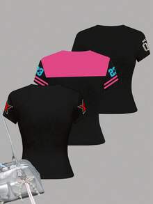 3件套休闲修身圆领短袖T恤，黑粉撞色，英文文字及数字图案印花，街头运动风，舒适百搭，秋季叠穿，时尚休闲，运动数字印花T恤，返校季必备，球衣号码，撞色T恤 - 白色 - 查看 2