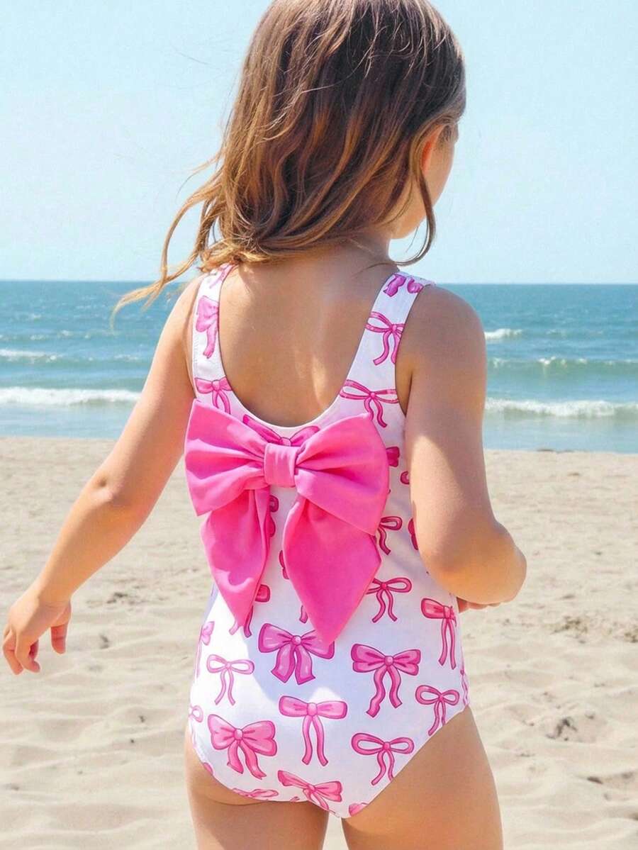 Emery Rose Kids Emery Rose Kids 女童可爱蝴蝶结无袖连体泳衣，休闲可爱，适合春夏度假、海滩、游泳池、夏季派对、休闲玩耍 - 粉色 - 查看 1