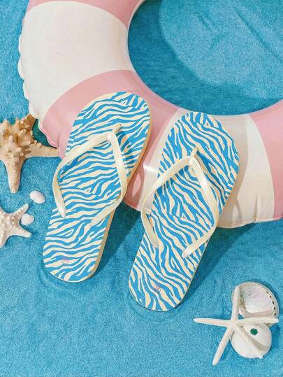 Grefit Ladies Flip-Flops, Blue And White Zebra Fresh Flip-Flops, Summer Casual Sandals, Versatile Slippers At Home