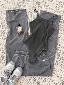 Teen Girl's Fashionable Washed Gray Fabric Camisole Jumpsuit With Long Pants, Spring/Summer - Grey - View 2