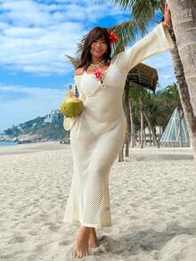 SHEIN EZwear Vestido sexy de manga larga con diseño calado de unicolor para mujer de talla grande - Beis - Ver 7
