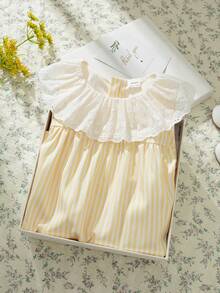 Souflis Souflis 法式新款浅黄色女童夏季条纹连衣裙，配精致蕾丝领，适合外出、上学及其他场合。 - 黃色 - 查看 9