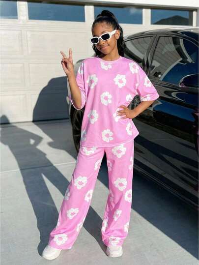 Tween Girl Loose Casual Soft Comfortable Street Style Pink & White Floral Print Drop Shoulder Round Neck Short Sleeve T-Shirt + Straight Leg Wide Pants 2-Piece Set