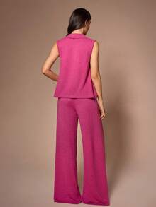 SHEIN Women's Casual Sleeveless Lapel Partial Button Pocket Top And Pants Pajama Set - Hot Pink - View 2