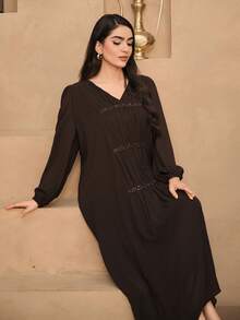 DAZY 亮片装饰褶皱花瓣袖直筒连衣裙，棕色，时尚休闲中长连衣裙，适合婚礼派对、春夏穿着 - 棕色 - 查看 8