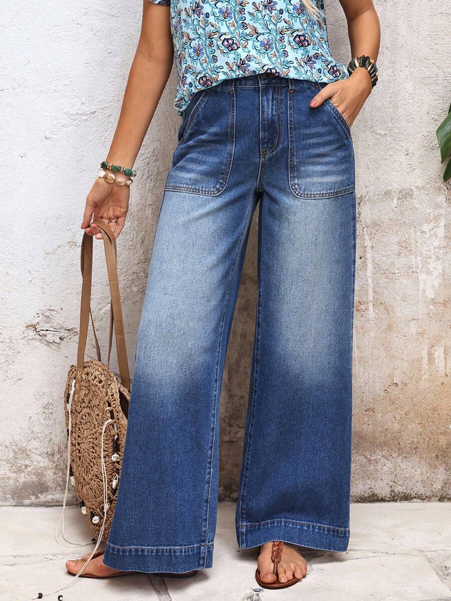 EMERY ROSE Women's Vacation Casual Washed Wide Leg Jeans - Blue - View 1