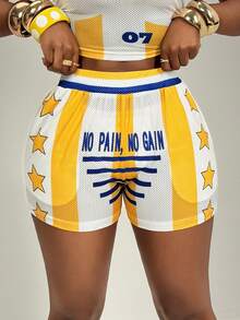 SHEIN BamGlam 2026新款女装，BOLDGLAMMAvERICK，网眼印花短裤，轻薄透气，舒适贴身，街头、嘻哈、运动风 - 黃色 - 查看 3