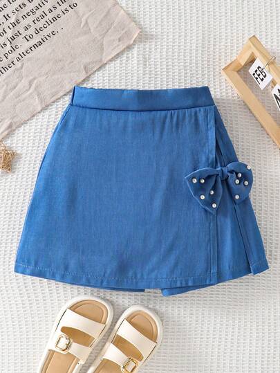 Elladie kids Girls' Fashionable Casual Denim Effect Beaded Bow Asymmetrical Shorts Skirt, Blue, Suitable For Summer Outings Or Daily Wear