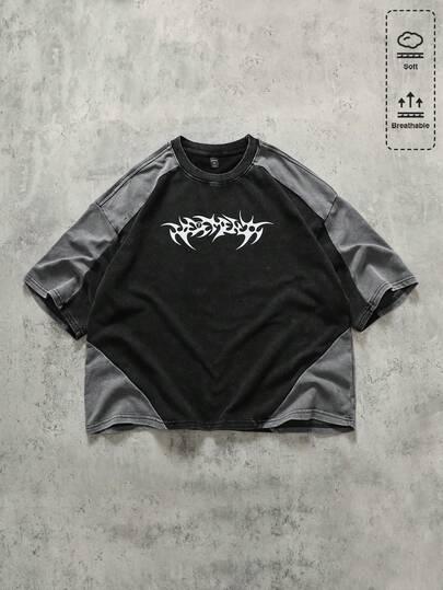 ROMWE MEN Men's Colorblock Loose Fit Printed T-Shirt, Retro Street Style, Spring/Summer