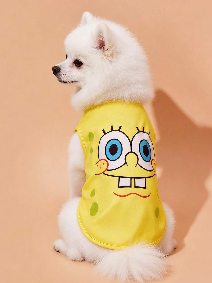 SpongeBob SquarePants | SHEIN 1 件可爱卡通印花宠物背心,猫狗通用,尺码从 XXS 到 XXXXXL(XS 到 XXL),海绵材质,活泼可爱 - 芥末黃 - 查看 1