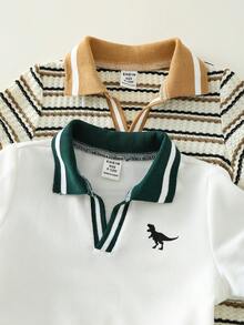 SHEIN 2件套新生男宝宝春夏可爱撞色条纹Polo领短袖连体衣套装，基础款 - 彩色 - 查看 5