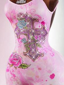 Amplova Women's Cross Rhinestone & Floral Print Camisole Backless Bodycon Romper - Pink - View 6