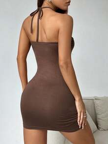 SHEIN EZwear Pendant Feeling Off Shoulder Bodycon Halter Dress - Brown - View 2