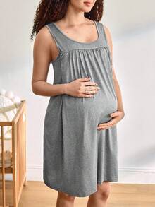 Moonlight&Mama Maternity Solid Color Pleated Casual Dress - Grey - View 5