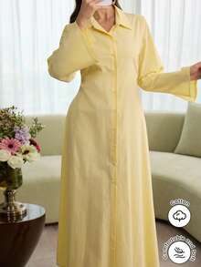 Al Najma Đầm sơ mi màu vàng cổ bẻ tay loe, lưng hở, thắt eo. - Màu vàng - Xem 5