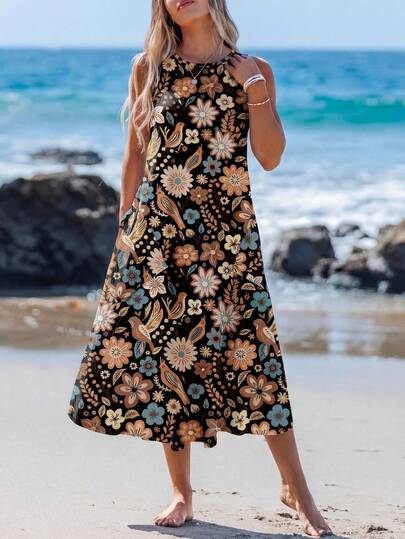 SHEIN LUNE Vestido midi casual de mujer estilo bohemio con estampado floral y animal, adecuado para primavera/verano. Vestido midi estampado de flores y pájaros, vestido midi estampado floral, vestido midi de verano con estampado de flores silvestres, vestidos casuales para mujer con estilo
