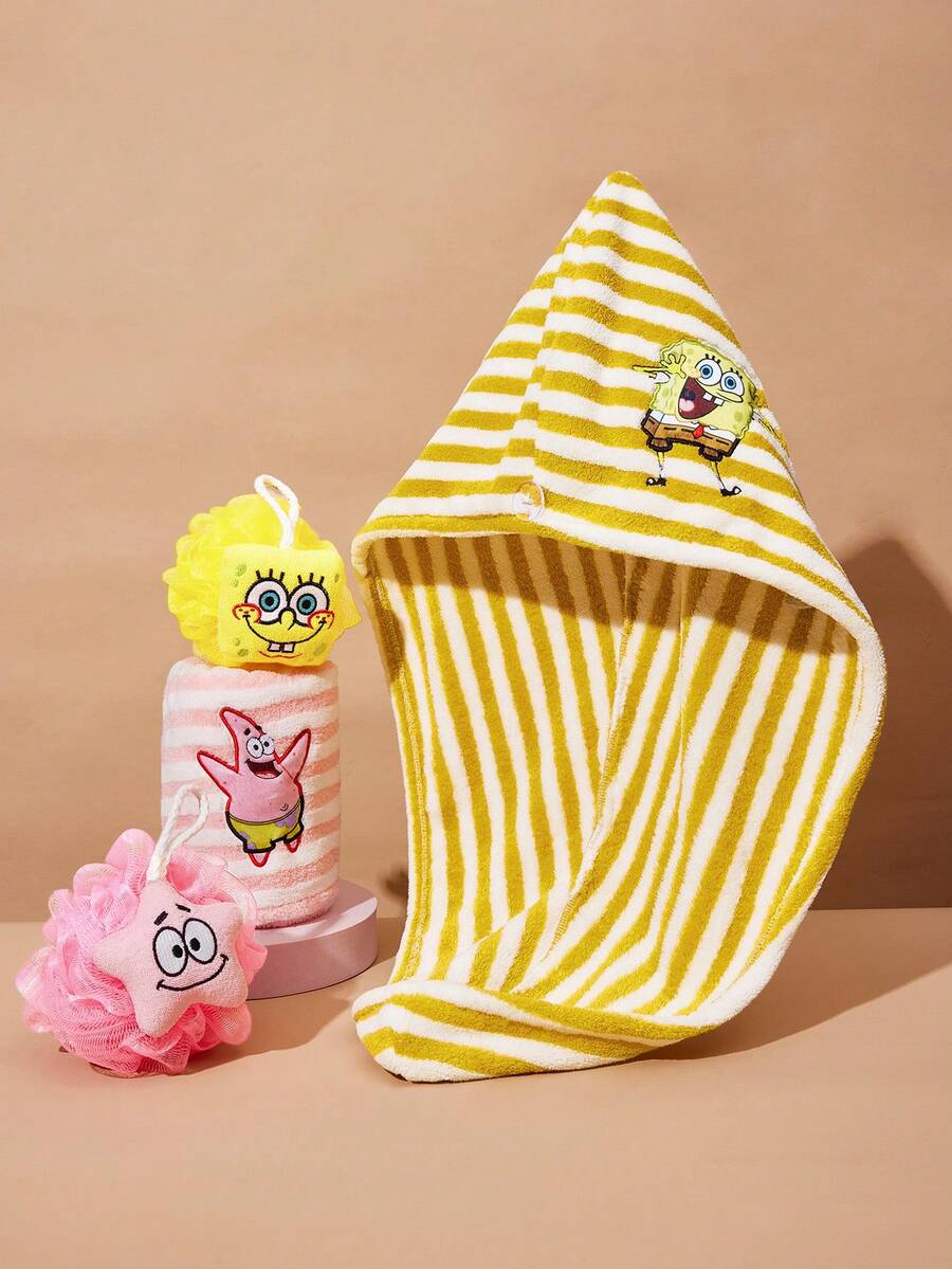 SpongeBob SquarePants | SHEIN 1个卡通海绵刺绣吹风帽,采用超强吸水材料制成,适合所有发量和长度,条纹吹风帽 - 彩色 - 查看 1