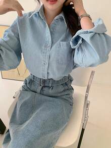 Dazy Tall Áo khoác denim dài tay cổ bẻ dáng suông cho nữ cao - Rửa nhẹ - Xem 6