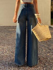 DAZY Jeans rectos de cintura media holgados, estilo casual de ciudad y calle Y2K para mujer - Azul lavado medio - Ver 4