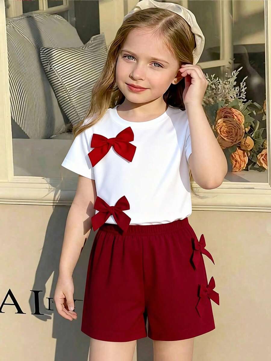 SHEIN Elladie kids 2件組少女夏季生日套裝，可愛復古紅白圓領短袖T恤搭配3D蝴蝶結裝飾與鬆緊腰短褲套裝