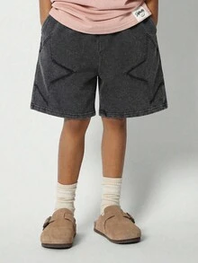 Tween Boys' Street Life Black Summer Casual Star Pattern Drawstring Waist Pocket Shorts,Snowflake Texture Fabric,Suitable For School,Vacations - Black - View 6