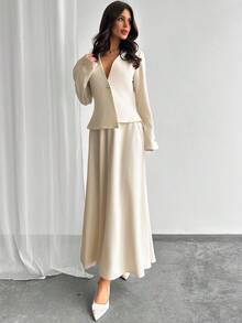 Firerie 新年女式纯色长袖单排扣夹克和长款喇叭下摆裙优雅两件套，秋季 - 杏色 - 查看 4