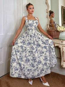 Glamine Charm Women's Elegant White And Blue Summer Cottage Core Tea Party Floral Backless Maxi Dress,Sleeveless Square Neck Bow Back Side Slit Flowy Beach Dress - Multicolor - View 5
