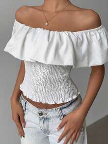 Olithes Off-The-Shoulder Pleated Layered Fitted Top - White - View 6