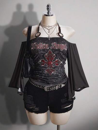 SHEIN ICON Plus Size Women's Y2K Retro Striped Off-Shoulder Flare Sleeve Halter Fashionable T-Shirt, Avant-Garde, Streetwear, Casual Flare Sleeve Off-Shoulder Striped Knit Top, Summer Tops