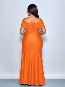 SOLERSUN 大码女士优雅藏蓝色露肩荷叶边性感连衣裙，适合圣诞派对、度假、约会、情人节约会、夜店性感装扮、长款连衣裙、优雅女士连衣裙、派对礼服、正式礼服、白色连衣裙、奢华晚礼服、婚礼宾客礼服，2026年新款，新年款 - 橘色 - 查看 3