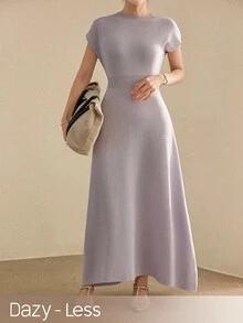 Dazy-Less Vestido de punto elegante para mujer, primavera/verano, unicolor, con cintura definida, estilo commuter - Morado - Ver 1